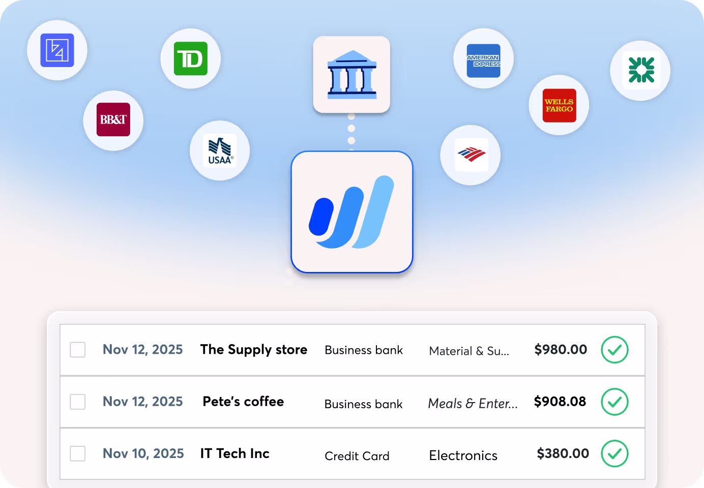 Bank connection screen in Wave, with logos of various banks.